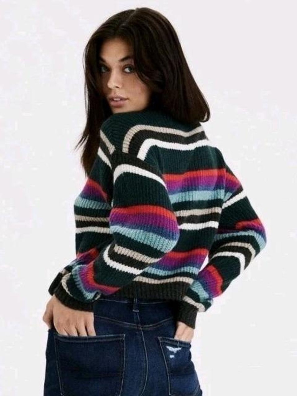 American Eagle Outfitters Dark Green Striped CroppedCrewneck Sweater